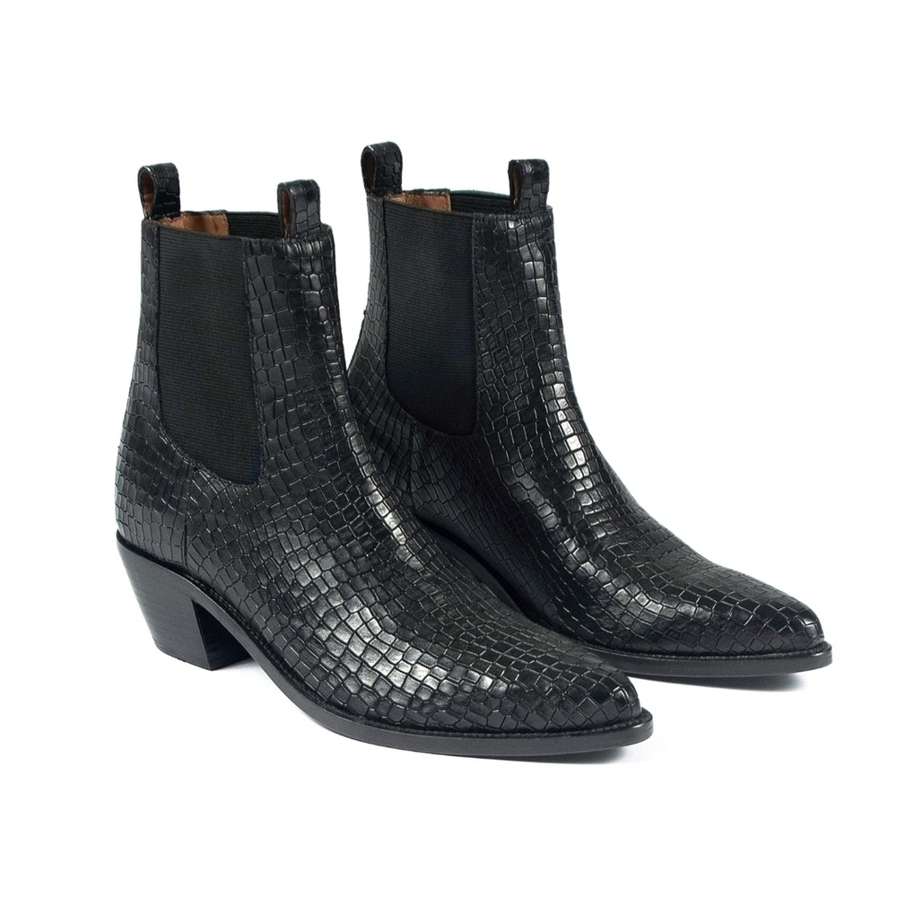 Straight to Hell Croc-Embossed Black Leather Ankle Boots